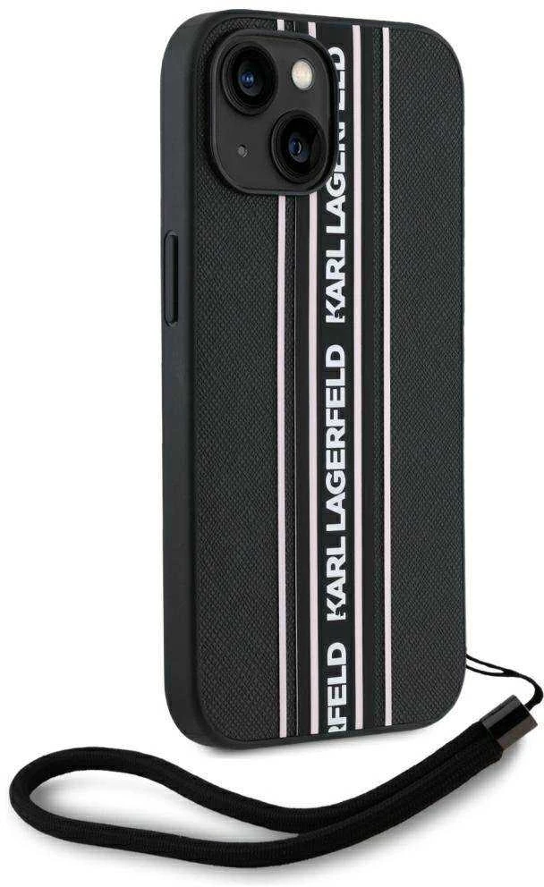 Karl Lagerfeld PU Saffiano Athleisure Stripe and Strap dėklas telefonui Apple iPhone 15 rožinės spalvos