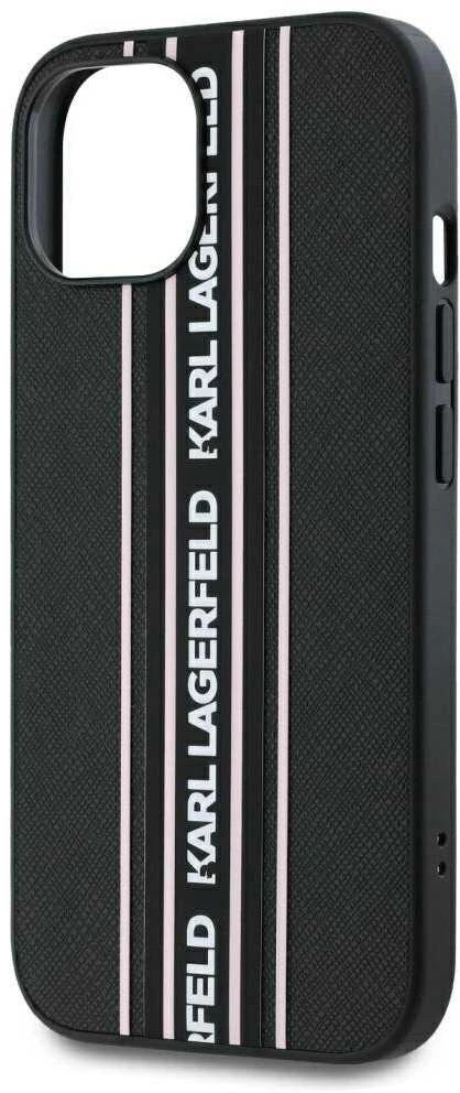 Karl Lagerfeld PU Saffiano Athleisure Stripe and Strap dėklas telefonui Apple iPhone 15 rožinės spalvos