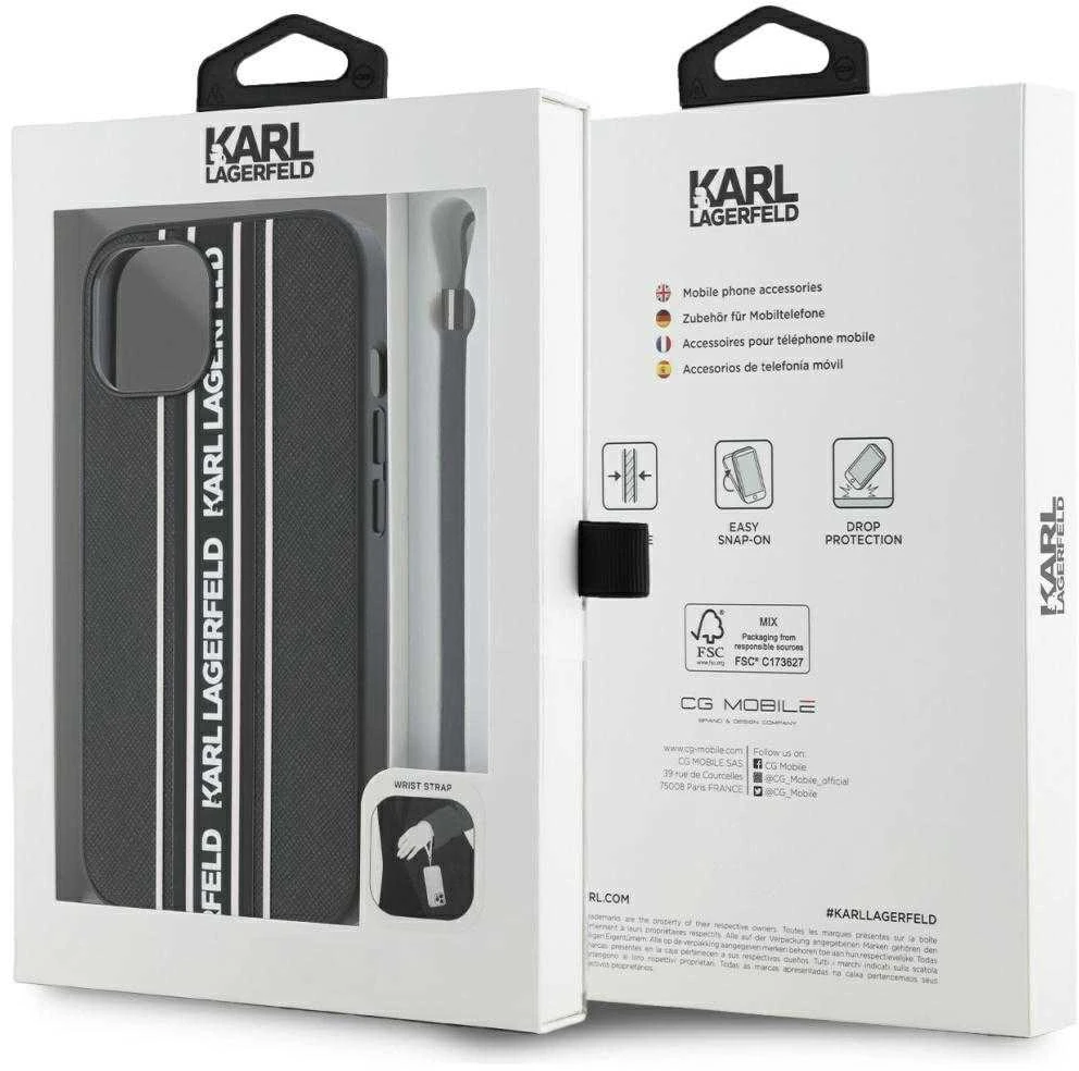 Karl Lagerfeld PU Saffiano Athleisure Stripe and Strap dėklas telefonui Apple iPhone 15 rožinės spalvos