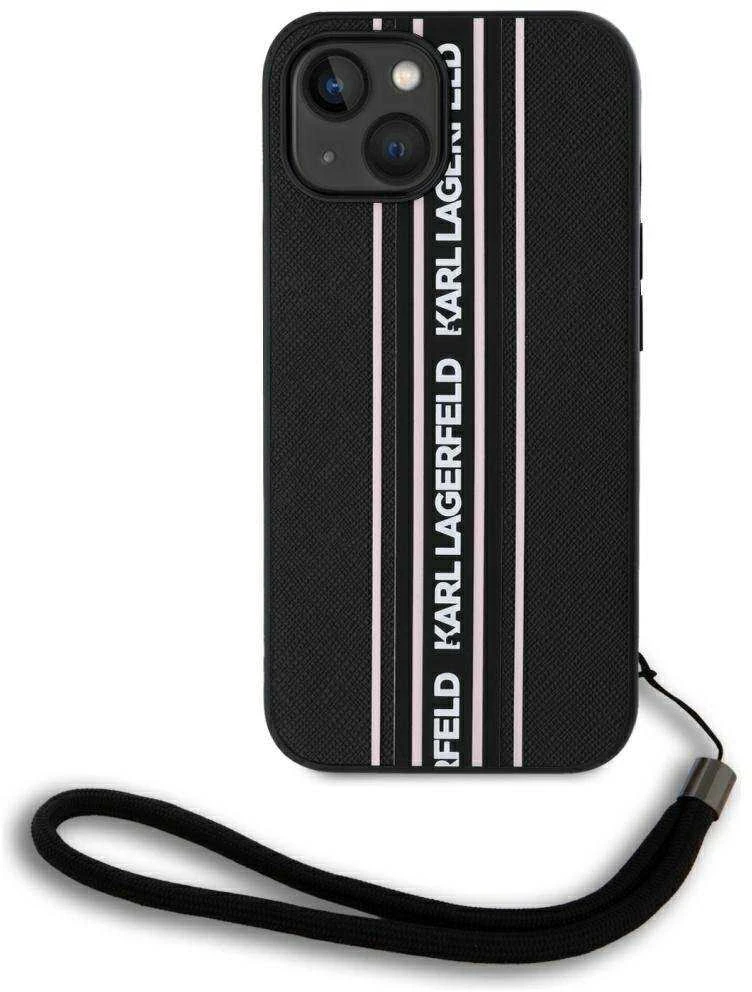 Karl Lagerfeld PU Saffiano Athleisure Stripe and Strap dėklas telefonui Apple iPhone 15 rožinės spalvos