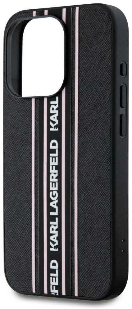 Karl Lagerfeld PU Saffiano Athleisure Stripe and Strap dėklas telefonui Apple iPhone 15 Pro Max rožinės spalvos
