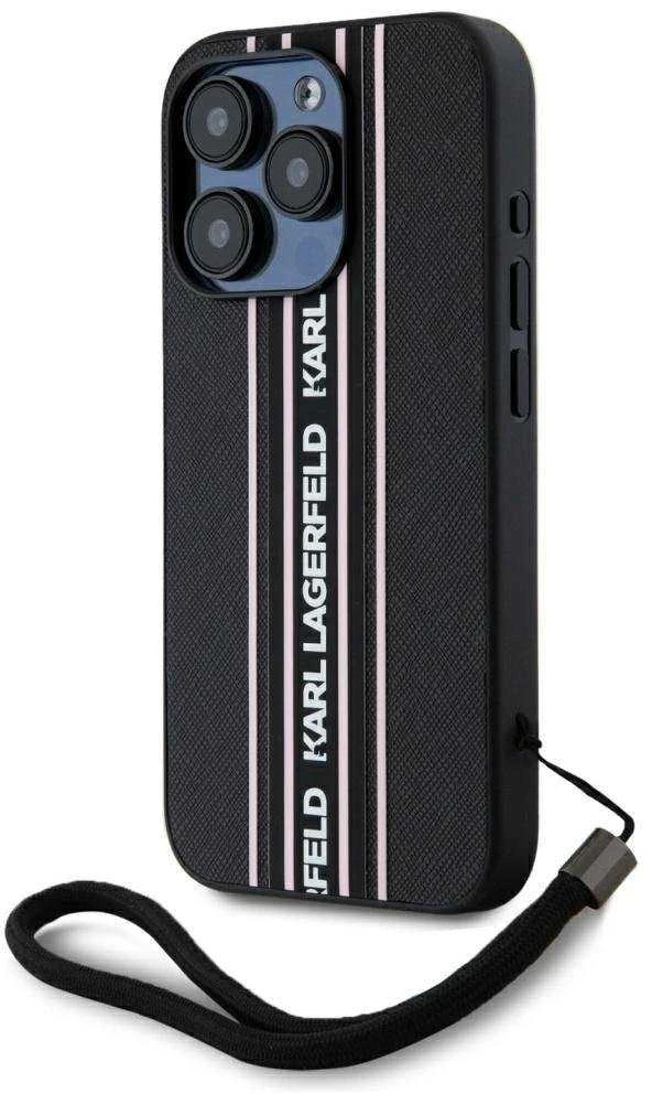 Karl Lagerfeld PU Saffiano Athleisure Stripe and Strap dėklas telefonui Apple iPhone 15 Pro Max rožinės spalvos