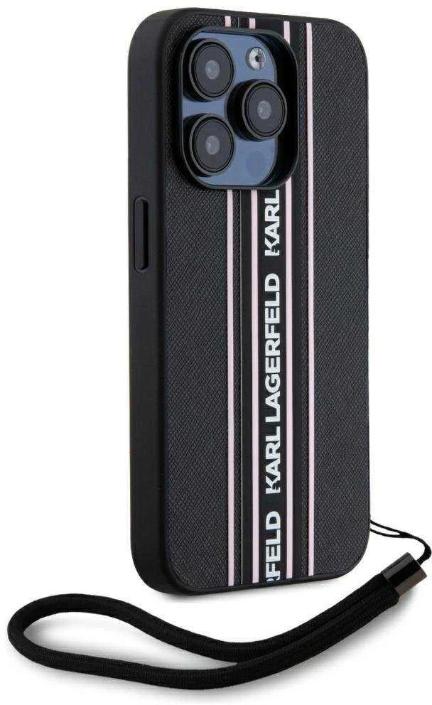 Karl Lagerfeld PU Saffiano Athleisure Stripe and Strap dėklas telefonui Apple iPhone 15 Pro Max rožinės spalvos