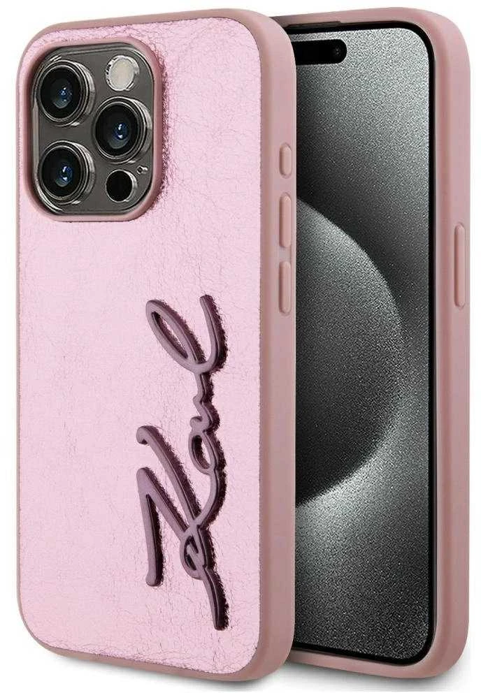 Karl Lagerfeld Wrinkled PU Signature Logo dėklas telefonui Apple iPhone 15 Pro Max rožinės spalvos