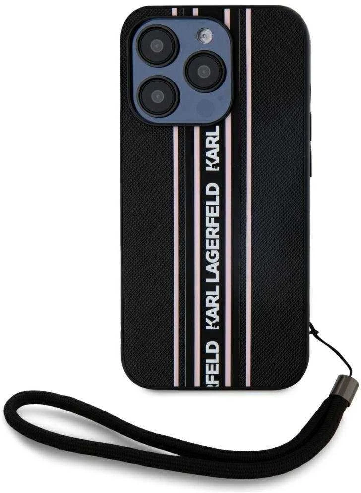 Karl Lagerfeld PU Saffiano Athleisure Stripe and Strap dėklas telefonui Apple iPhone 15 Pro rožinės spalvos