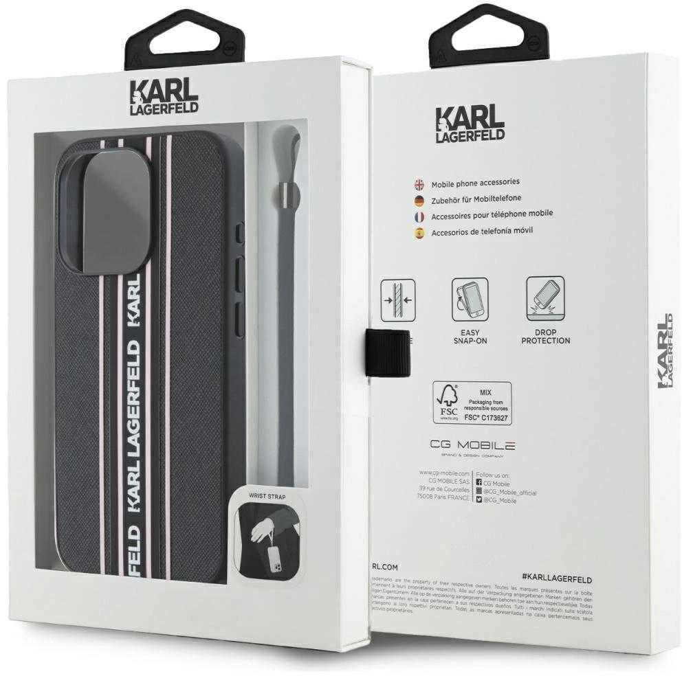 Karl Lagerfeld PU Saffiano Athleisure Stripe and Strap dėklas telefonui Apple iPhone 15 Pro rožinės spalvos