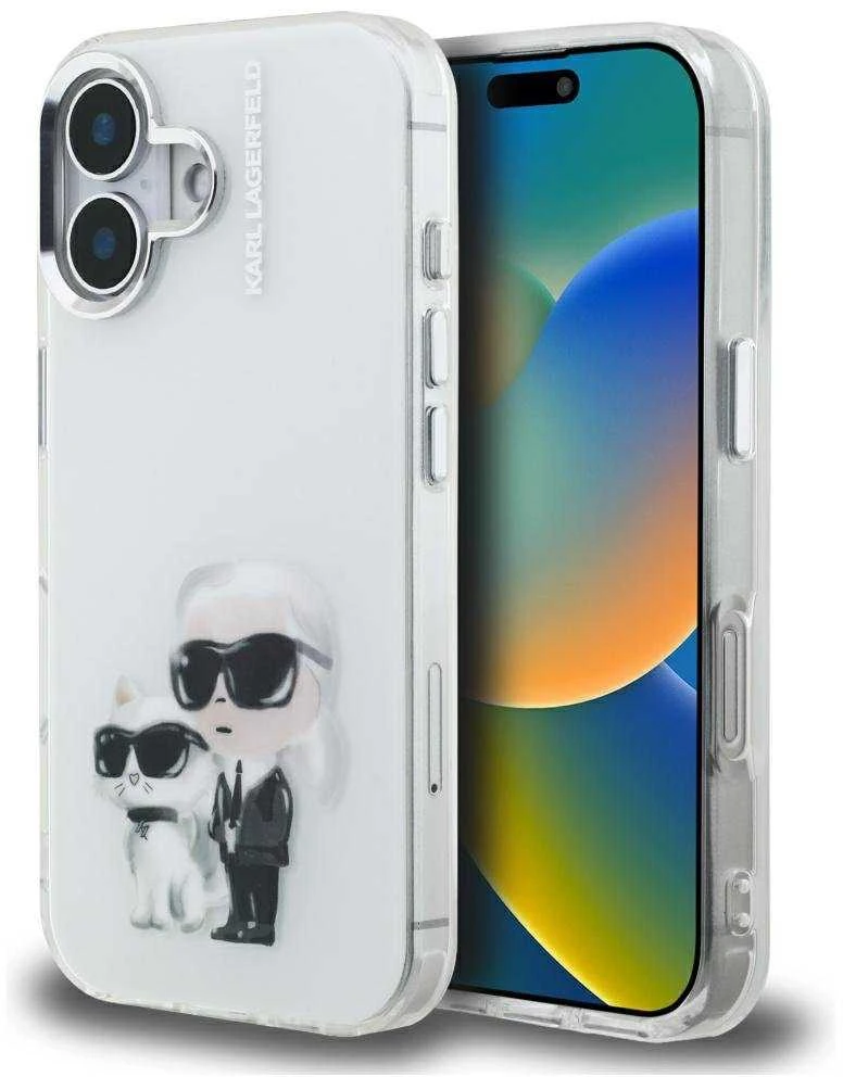 Karl Lagerfeld IML Aquarelle Karl & Choupette & Logo iPhone 16 dėklas - Baltas