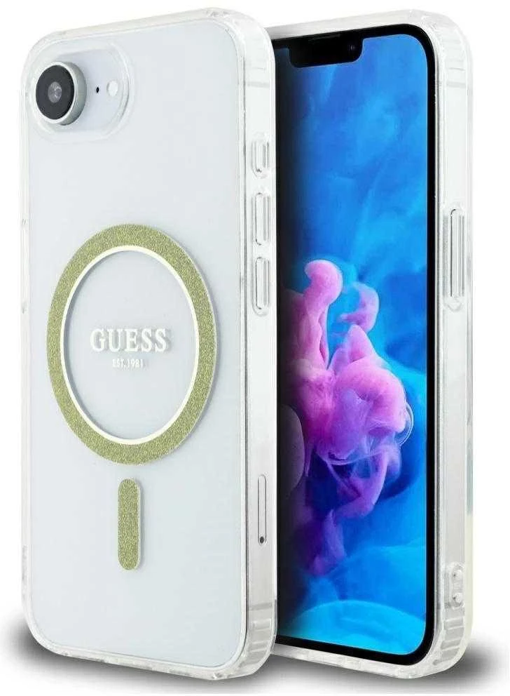 Guess IML Glitter Circle MagSafe iPhone 16e dėklas – skaidrus