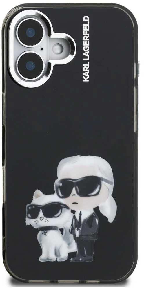 Karl Lagerfeld IML Aquarelle Karl and Choupette dėklas Apple iPhone 16 juodos spalvos