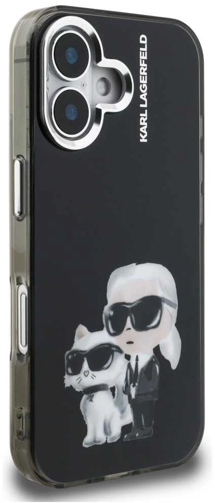Karl Lagerfeld IML Aquarelle Karl and Choupette dėklas Apple iPhone 16 juodos spalvos