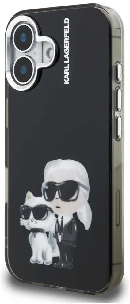 Karl Lagerfeld IML Aquarelle Karl and Choupette dėklas Apple iPhone 16 juodos spalvos