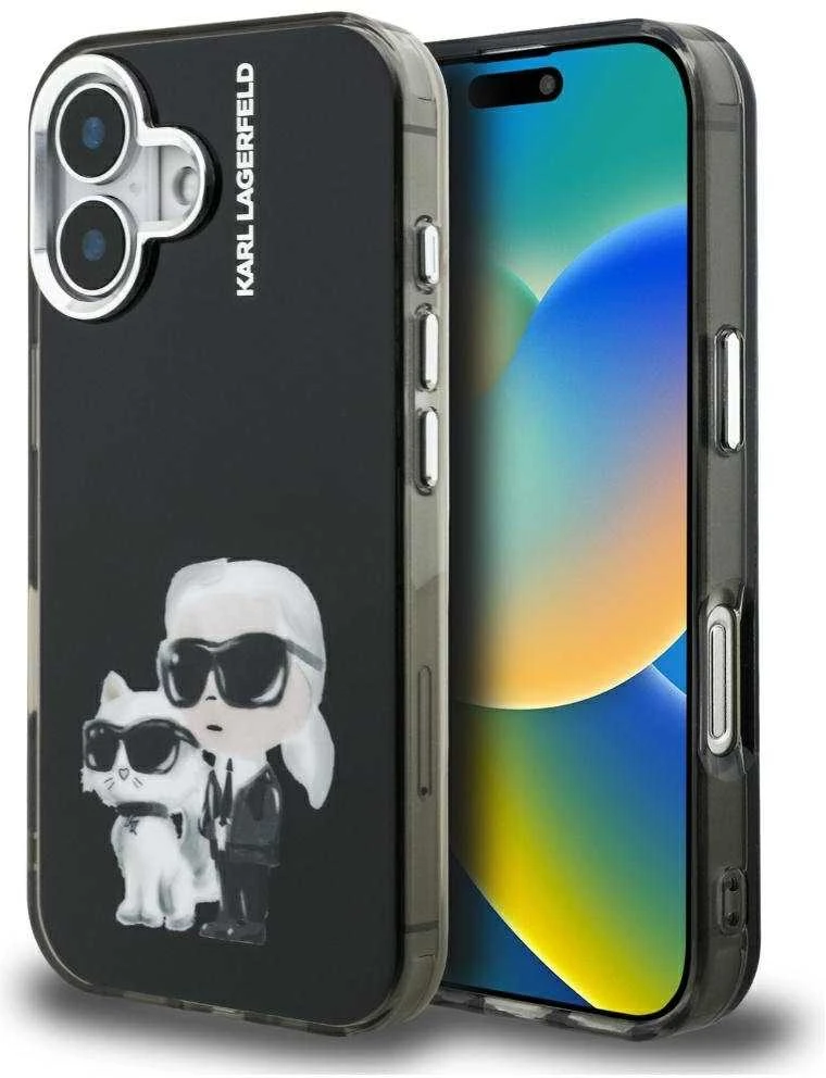 Karl Lagerfeld IML Aquarelle Karl and Choupette dėklas Apple iPhone 16 juodos spalvos