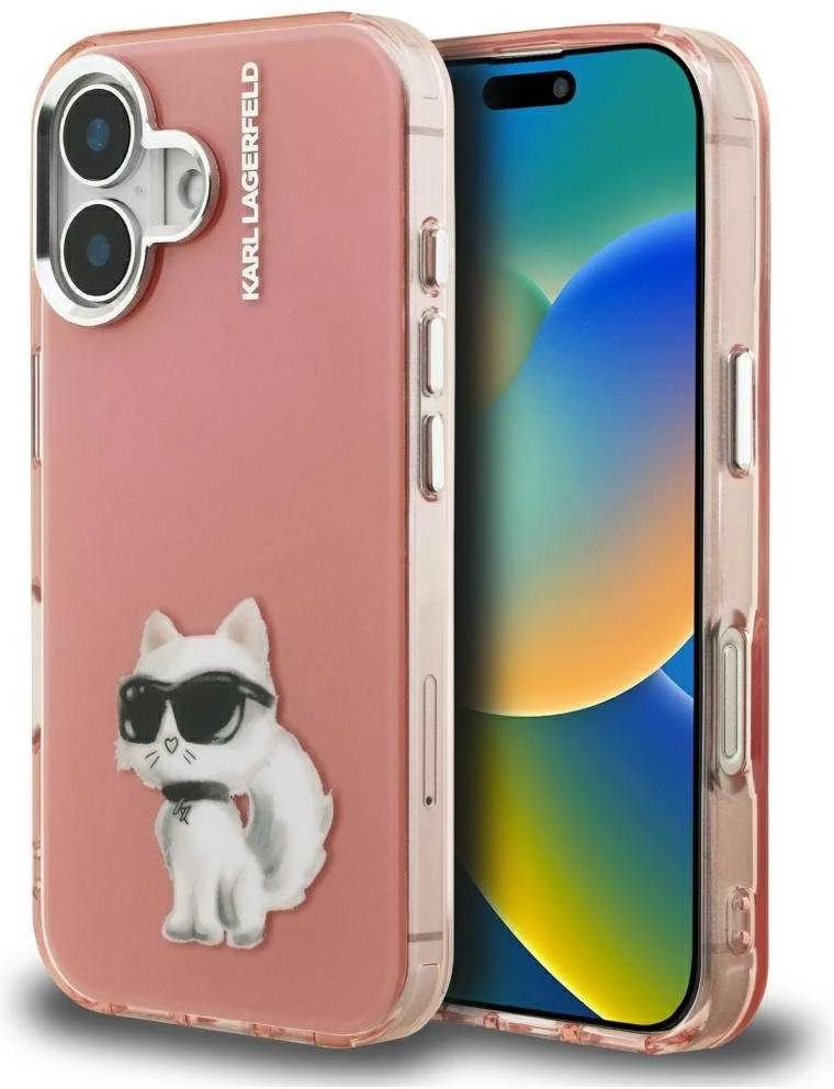 Dėklas Karl Lagerfeld IML Aquarelle Choupette & Logo iPhone 16 Case - Rožinė