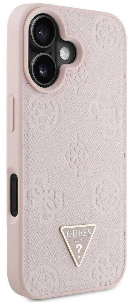 Dėklas Guess Grained Hot Stamp Peony Triangle Logo MagSafe Apple iPhone 16 rožinės spalvos