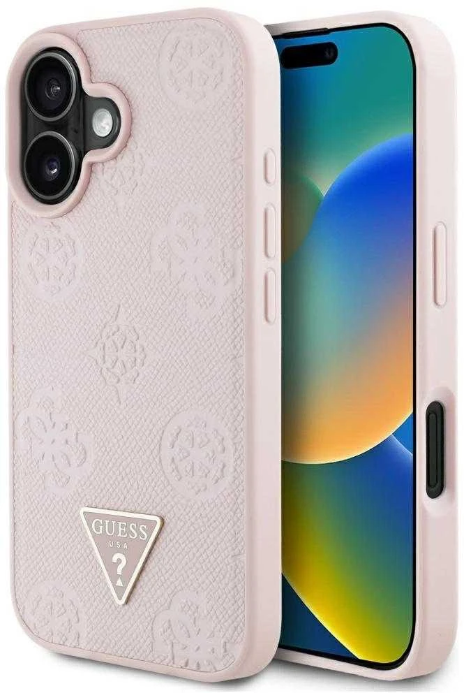 Dėklas Guess Grained Hot Stamp Peony Triangle Logo MagSafe Apple iPhone 16 rožinės spalvos