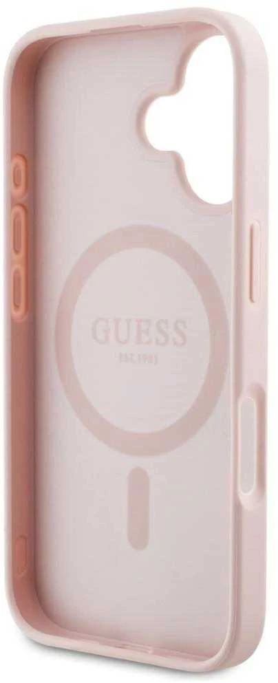Dėklas Guess Grained Hot Stamp Peony Triangle Logo MagSafe Apple iPhone 16 rožinės spalvos