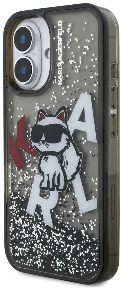 Karl Lagerfeld Liquid Glitter Scattered Choupette dėklas Apple iPhone 16 juodos spalvos