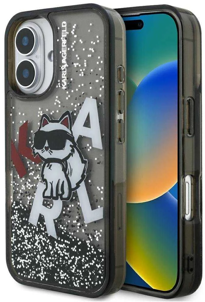 Karl Lagerfeld Liquid Glitter Scattered Choupette dėklas Apple iPhone 16 juodos spalvos
