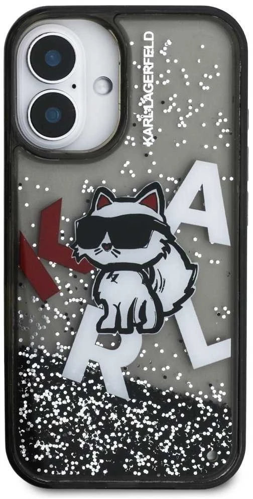 Karl Lagerfeld Liquid Glitter Scattered Choupette dėklas Apple iPhone 16 juodos spalvos