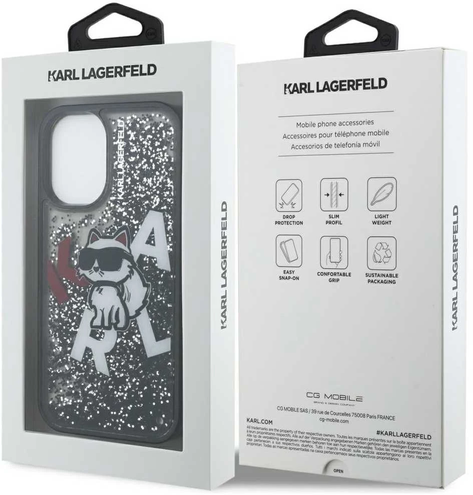 Karl Lagerfeld Liquid Glitter Scattered Choupette dėklas Apple iPhone 16 juodos spalvos