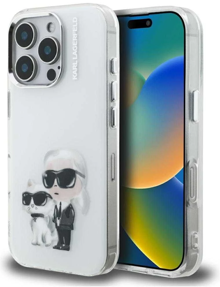 Karl Lagerfeld IML Aquarelle Karl & Choupette & Logo iPhone 16 Pro dėklas - Baltas