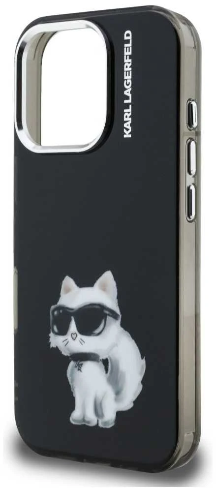 Karl Lagerfeld IML Aquarelle Choupette dėklas Apple iPhone 16 Pro juodos spalvos