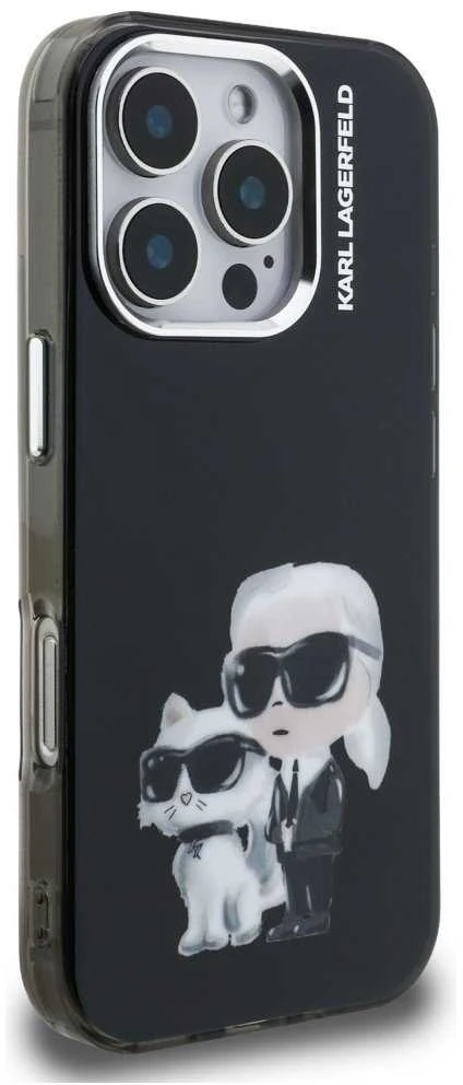Karl Lagerfeld IML Aquarelle Karl and Choupette dėklas Apple iPhone 16 Pro juodos spalvos