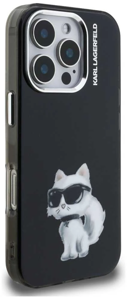 Karl Lagerfeld IML Aquarelle Choupette dėklas Apple iPhone 16 Pro juodos spalvos