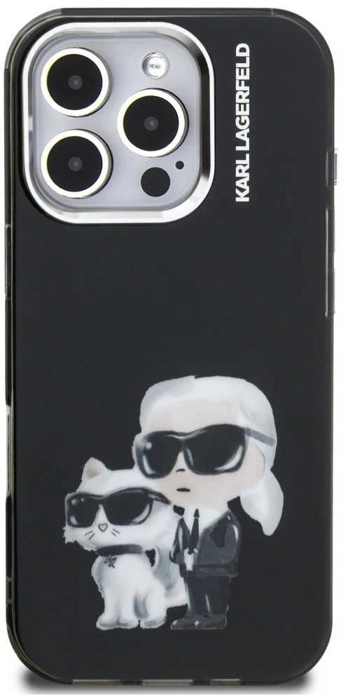 Karl Lagerfeld IML Aquarelle Karl and Choupette dėklas Apple iPhone 16 Pro juodos spalvos