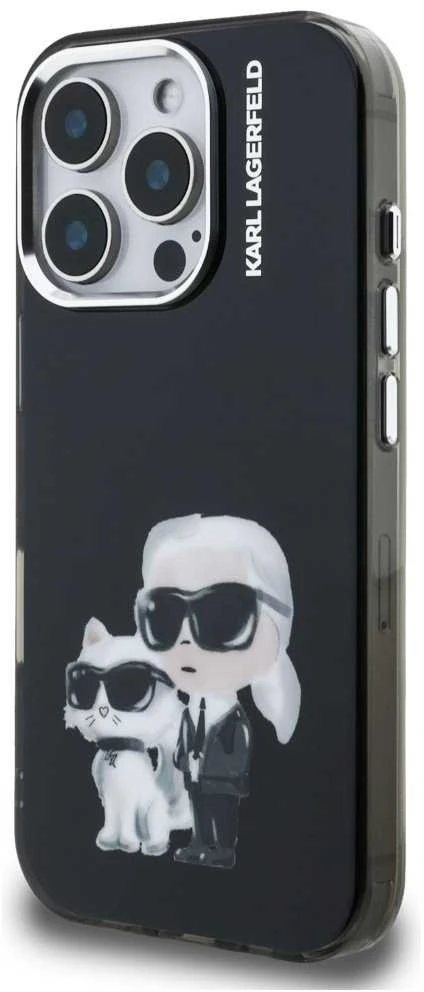 Karl Lagerfeld IML Aquarelle Karl and Choupette dėklas Apple iPhone 16 Pro juodos spalvos