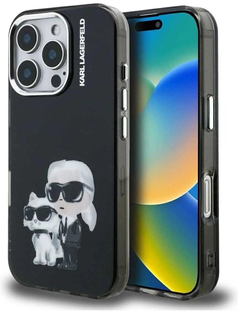 Karl Lagerfeld IML Aquarelle Karl and Choupette dėklas Apple iPhone 16 Pro juodos spalvos
