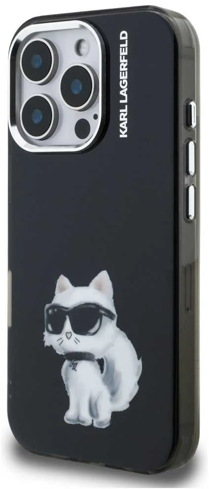 Karl Lagerfeld IML Aquarelle Choupette dėklas Apple iPhone 16 Pro juodos spalvos