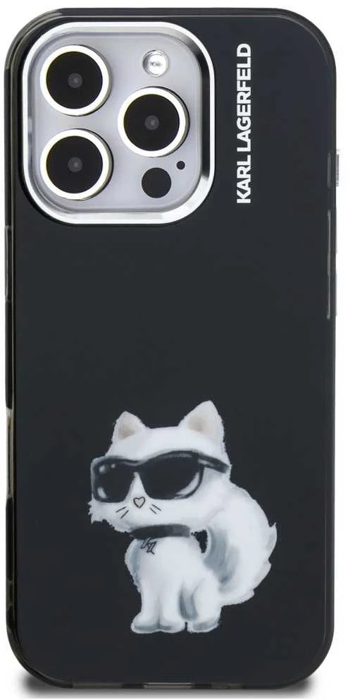 Karl Lagerfeld IML Aquarelle Choupette dėklas Apple iPhone 16 Pro juodos spalvos