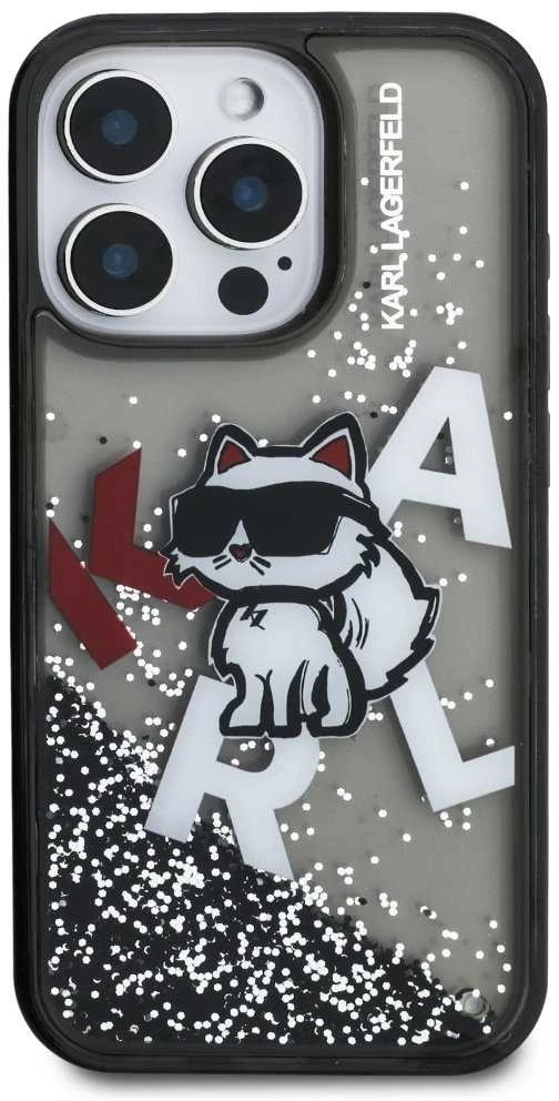 Karl Lagerfeld Liquid Glitter Scattered Choupette dėklas Apple iPhone 16 Pro juodos spalvos