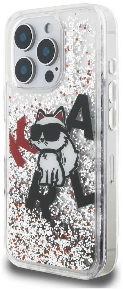Karl Lagerfeld Liquid Blizgučiais puoštas „Choupette“ logotipo dėklas, skirtas iPhone 16 Pro – skaidrus