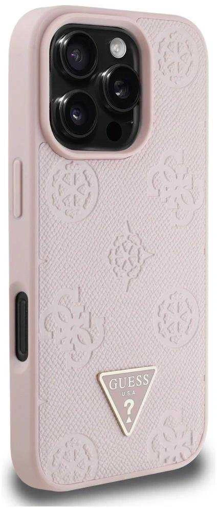 Dėklas Guess Grained Hot Stamp Peony Triangle Logo MagSafe Apple iPhone 16 Pro rožinės spalvos