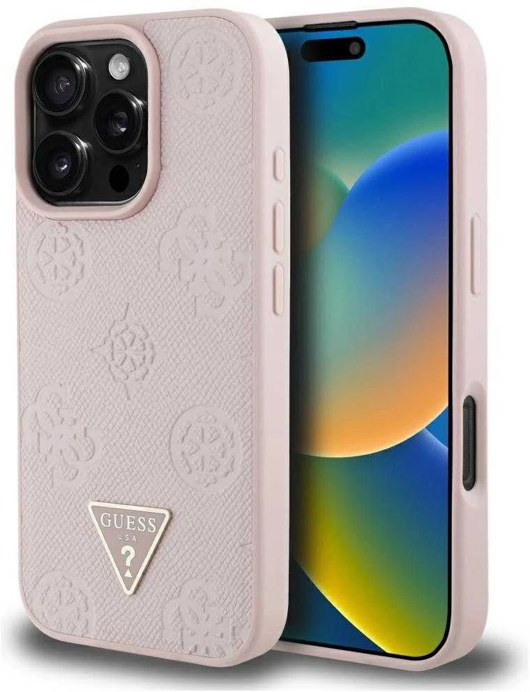 Dėklas Guess Grained Hot Stamp Peony Triangle Logo MagSafe Apple iPhone 16 Pro rožinės spalvos