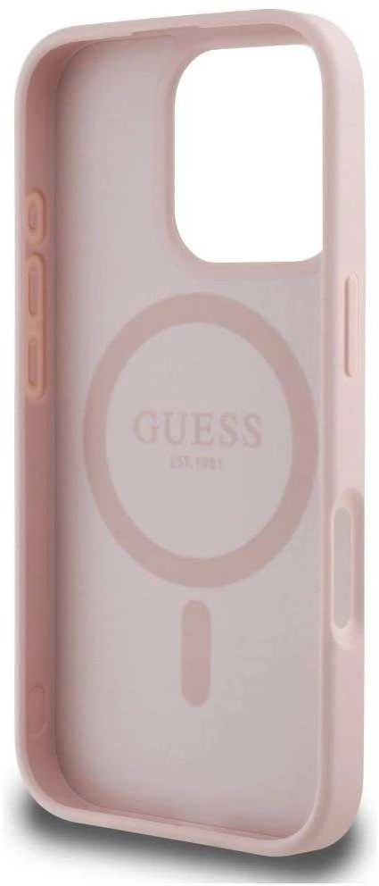 Dėklas Guess Grained Hot Stamp Peony Triangle Logo MagSafe Apple iPhone 16 Pro rožinės spalvos