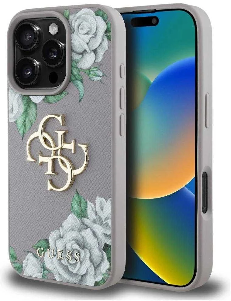 Dėklas Guess Grained Roses Big 4G logo Apple iPhone 16 Pro violetinės spalvos