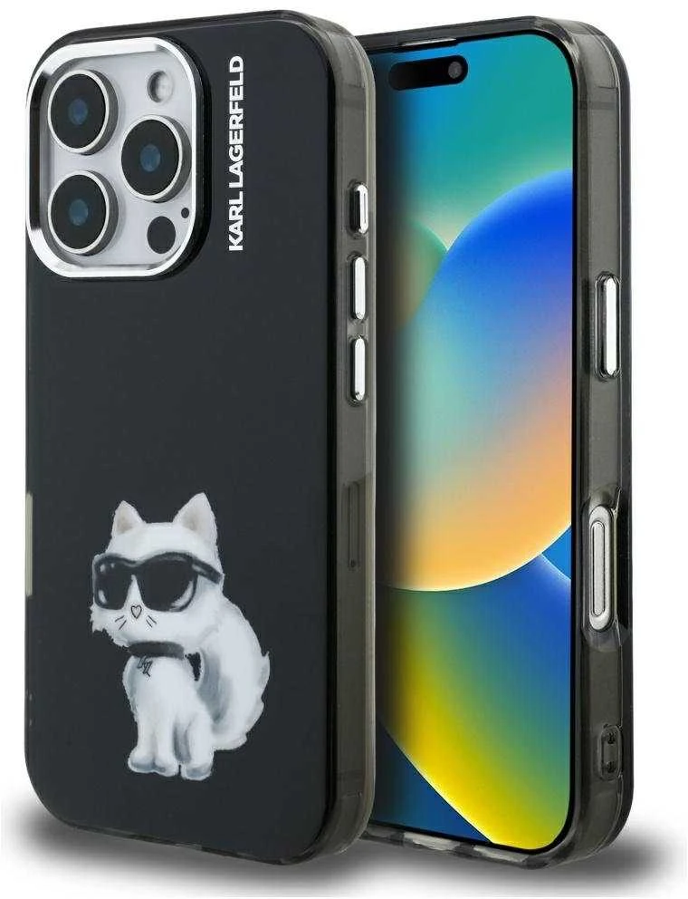 Karl Lagerfeld IML Aquarelle Choupette dėklas Apple iPhone 16 Pro Max juodos spalvos