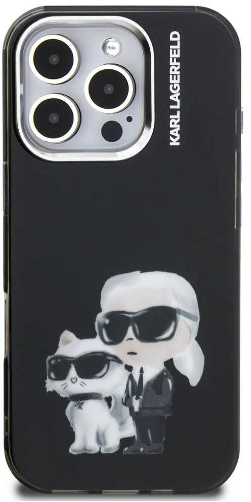 Karl Lagerfeld IML Aquarelle Karl and Choupette dėklas Apple iPhone 16 Pro Max juodos spalvos