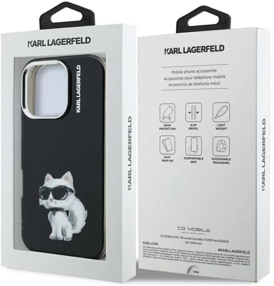 Karl Lagerfeld IML Aquarelle Choupette dėklas Apple iPhone 16 Pro Max juodos spalvos