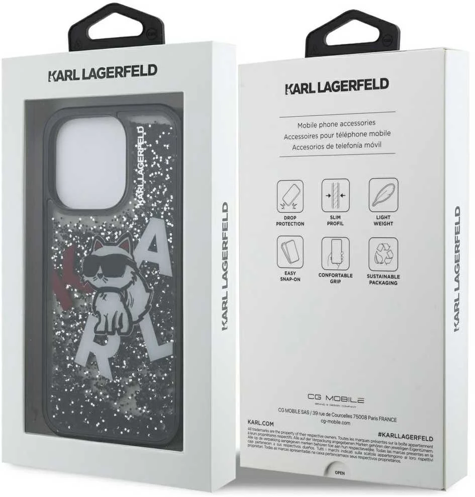 Karl Lagerfeld Liquid Glitter Scattered Choupette dėklas Apple iPhone 16 Pro Max juodos spalvos