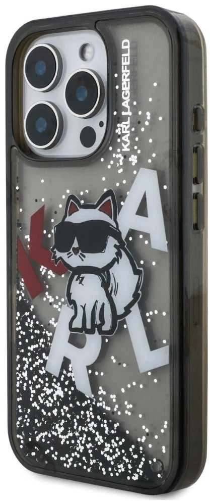 Karl Lagerfeld Liquid Glitter Scattered Choupette dėklas Apple iPhone 16 Pro Max juodos spalvos