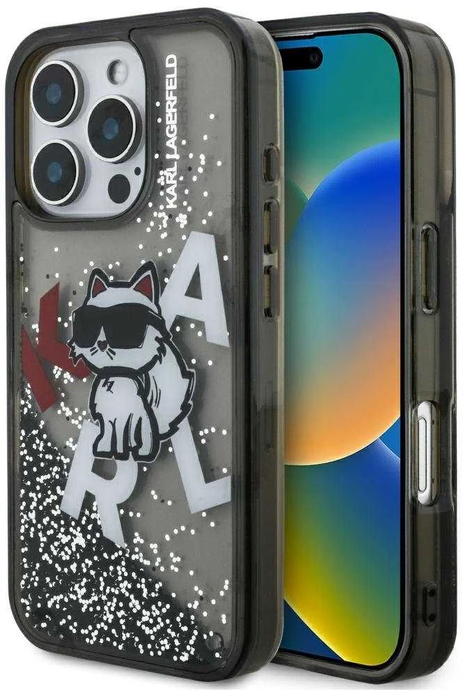 Karl Lagerfeld Liquid Glitter Scattered Choupette dėklas Apple iPhone 16 Pro Max juodos spalvos