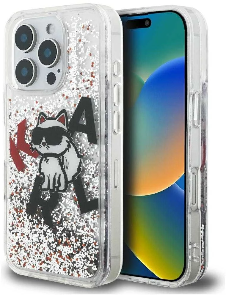 Karl Lagerfeld Liquid Blizgučiais puoštas „Choupette“ logotipo dėklas, skirtas iPhone 16 Pro Max – skaidrus