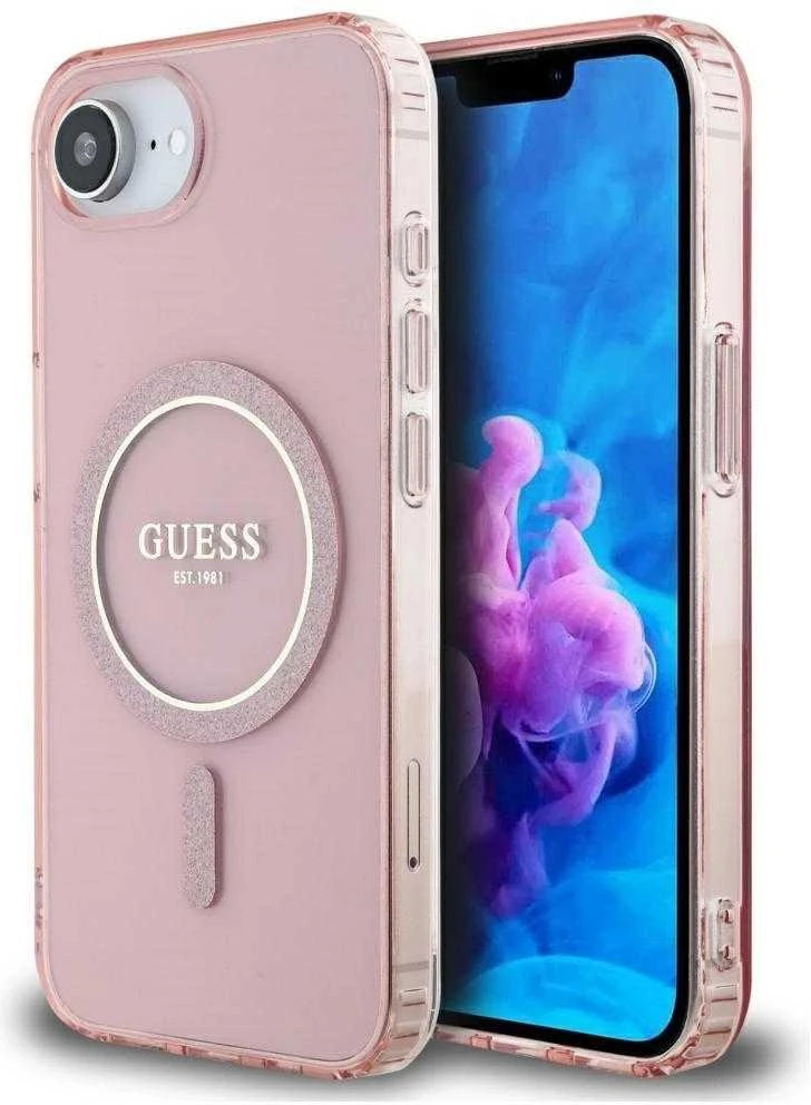 Guess IML Glitter Circle MagSafe dėklas iPhone 16e - rožinis