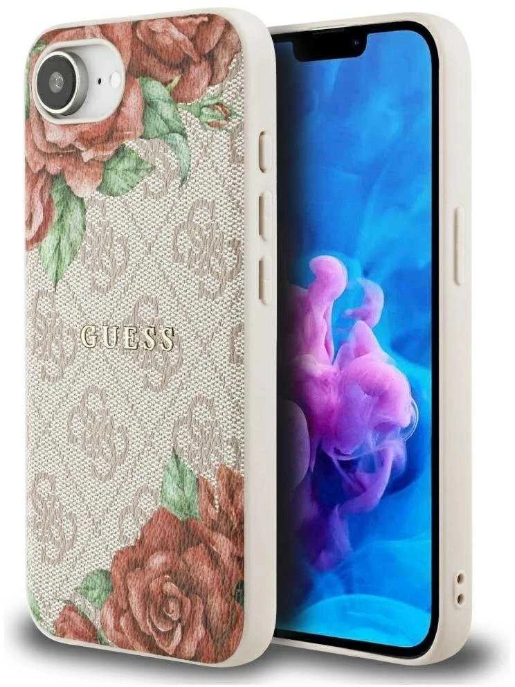 Guess 4G Flowers Print MagSafe iPhone 16e Dėklas - Rožinė