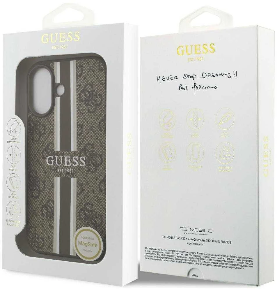 „Guess 4G“ dryžuotas „MagSafe“ dėklas, skirtas „iPhone 17“ – ruda