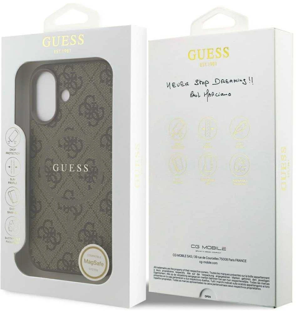 GUESS dėklas, skirtas IPHONE 17, suderinamas su „MagSafe GUHMP17SG4GFRW“ (PU 4G Ring Classic Logo), rudas